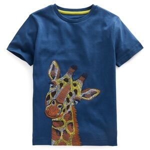 Mini Boden Kids Short Sleeve Blue Colorful Embroidered Giraffe Tee. 6-7. 6. 7.